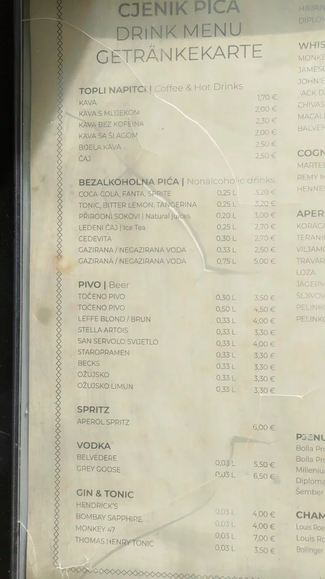 Ceny jídel v restauracích. Baška, Krk, Rijeka. Chorvatsko. (9. 6. 2024)