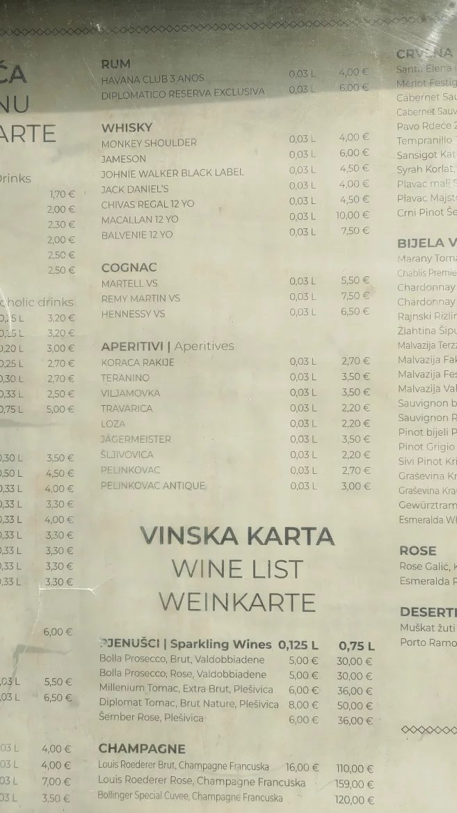 Ceny jídel v restauracích. Baška, Krk, Rijeka. Chorvatsko. (9. 6. 2024)