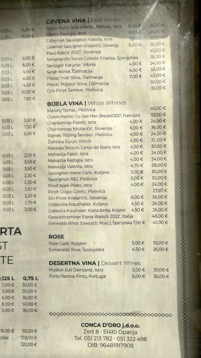 Ceny jídel v restauracích. Baška, Krk, Rijeka. Chorvatsko. (9. 6. 2024)
