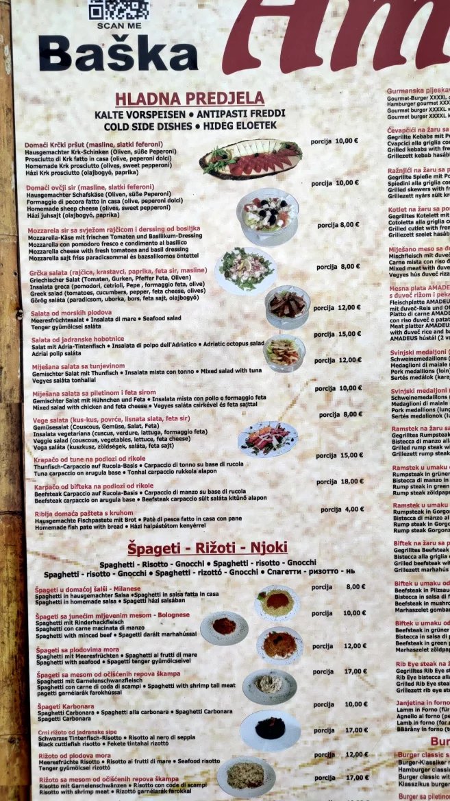 Ceny jídel v restauracích. Baška, Krk, Rijeka. Chorvatsko. (9. 6. 2024)