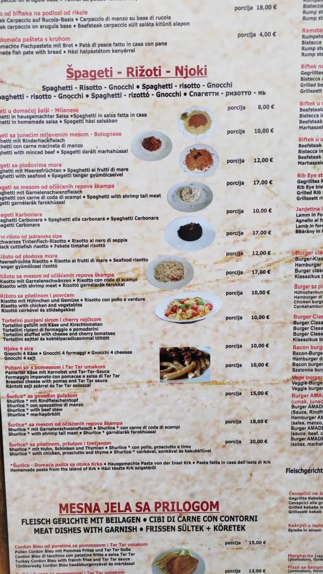 Ceny jídel v restauracích. Baška, Krk, Rijeka. Chorvatsko. (9. 6. 2024)