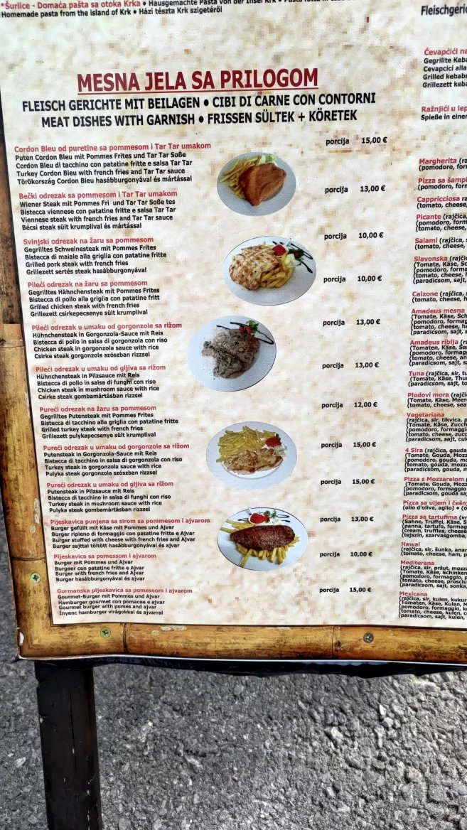 Ceny jídel v restauracích. Baška, Krk, Rijeka. Chorvatsko. (9. 6. 2024)