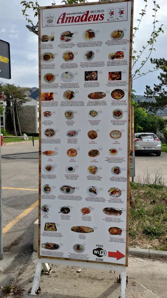 Ceny jídel v restauracích. Baška, Krk, Rijeka. Chorvatsko. (9. 6. 2024)