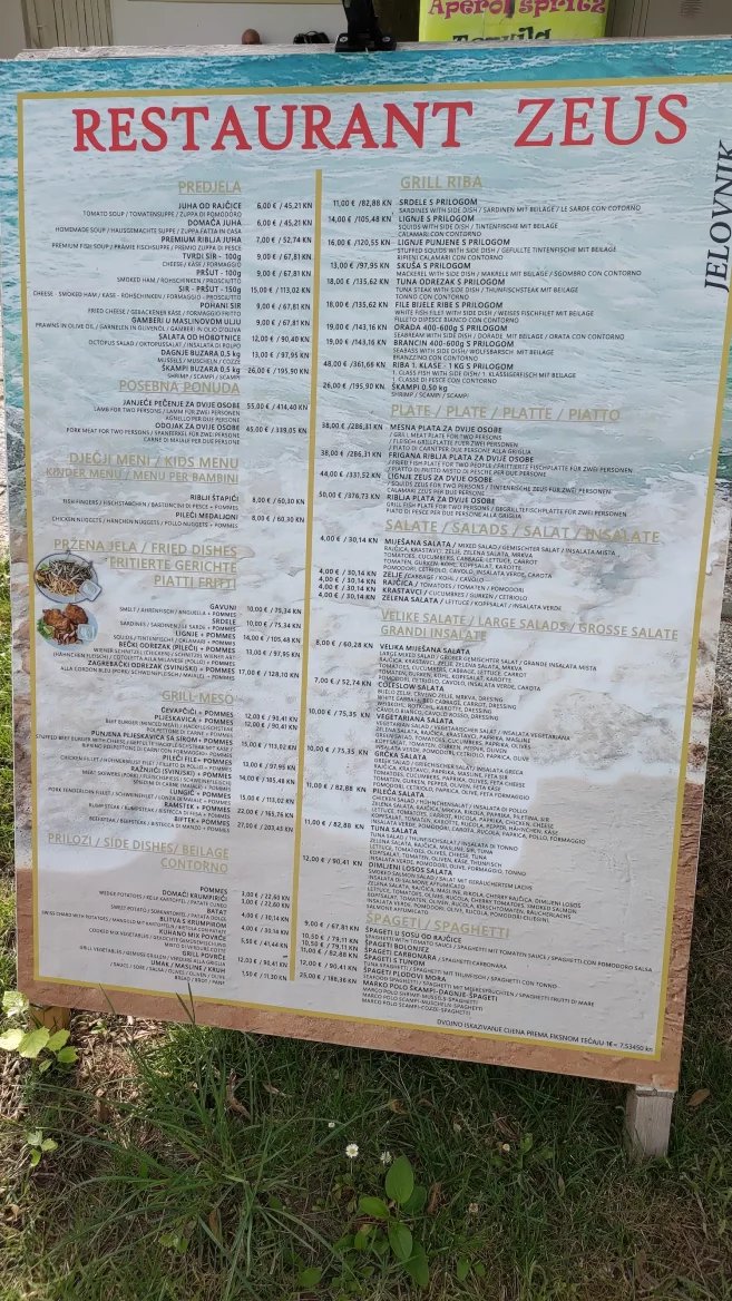 Ceny jídel v restauracích. Baška, Krk, Rijeka. Chorvatsko. (9. 6. 2024)