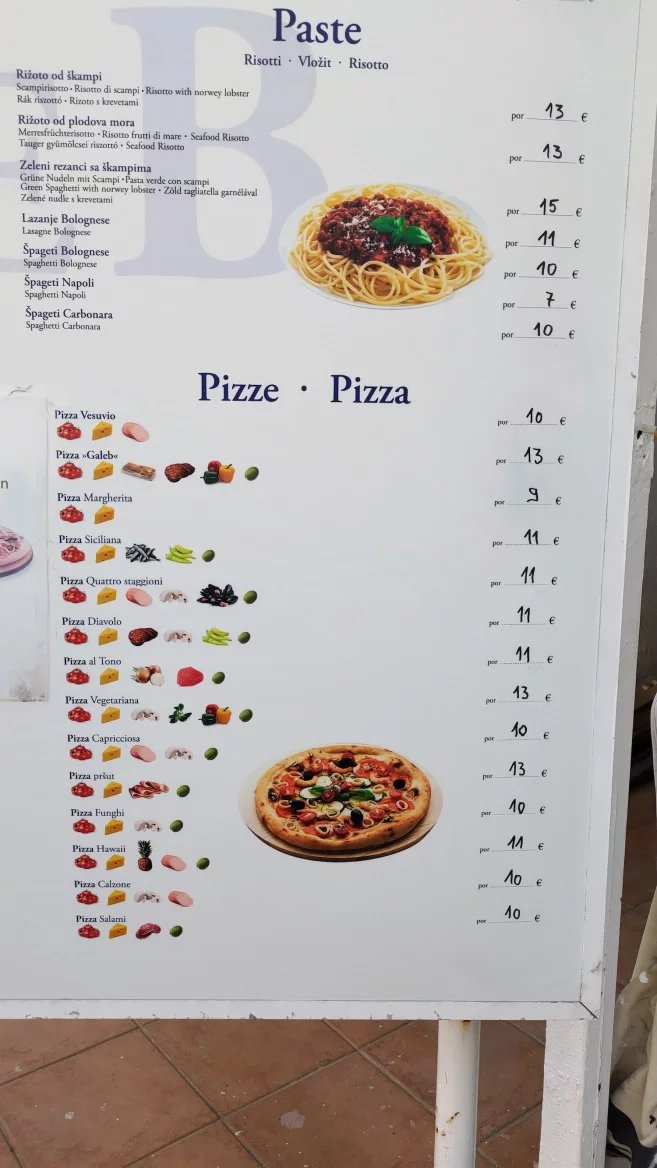 Ceny jídel v restauracích. Baška, Krk, Rijeka. Chorvatsko. (9. 6. 2024)