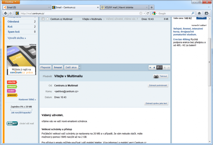 Multimail má panel s náhledem na zprávu
