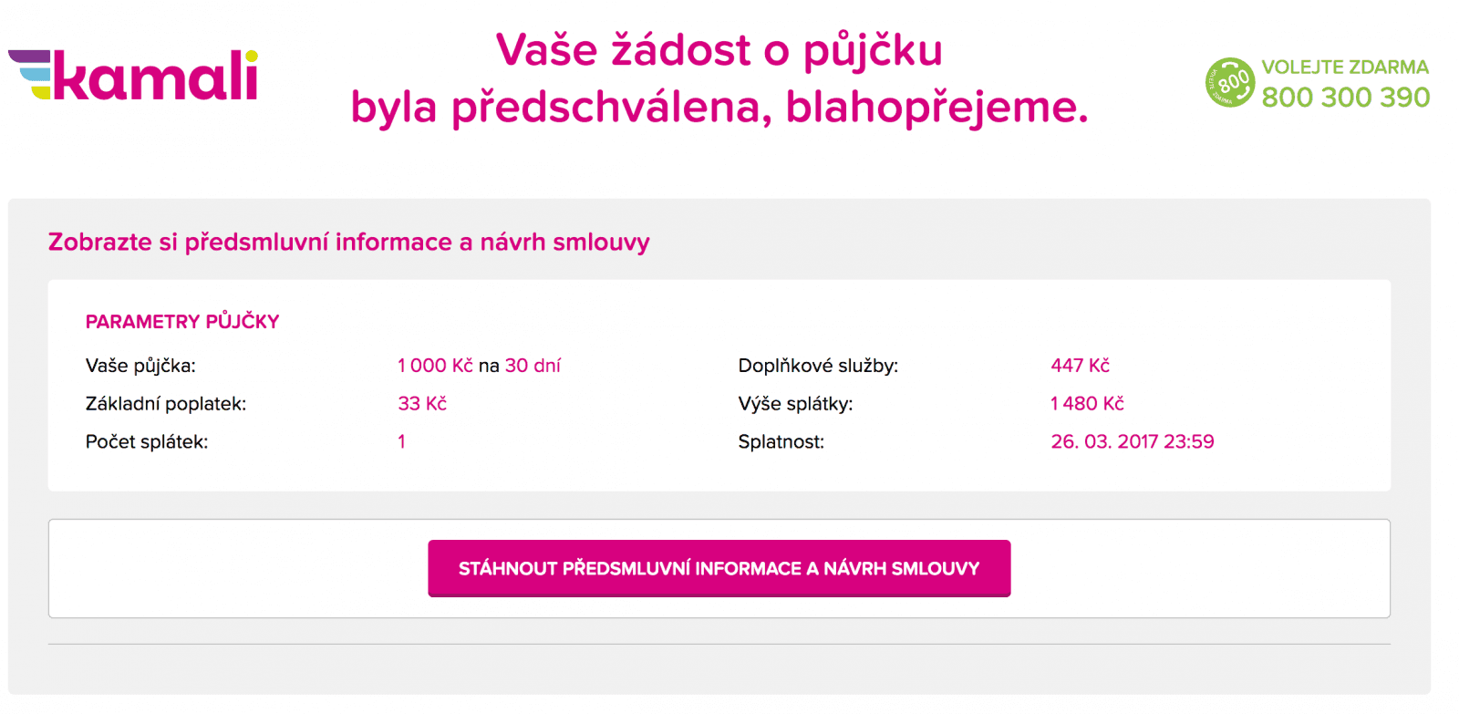 Parametry předschválené půjčky. Zbývá ověřit identitu.