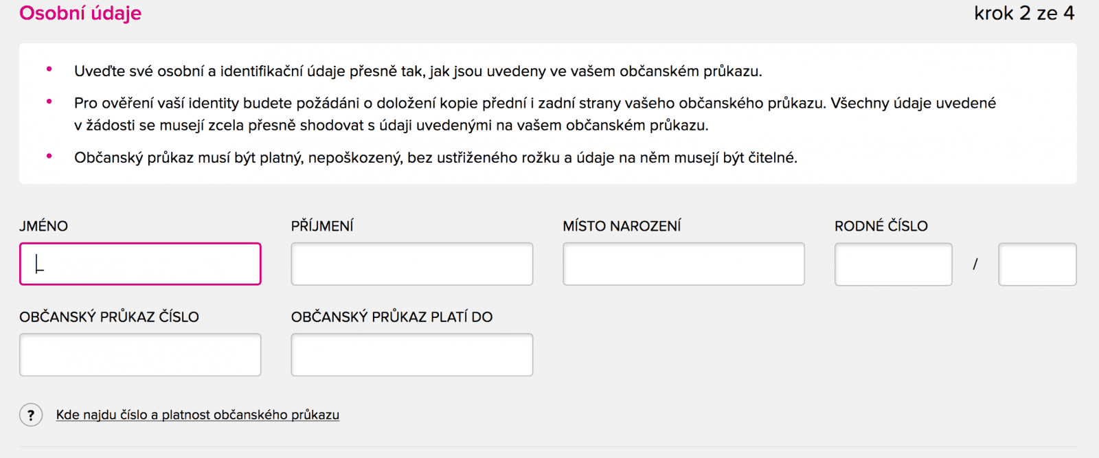 Zadání osobních údajů.