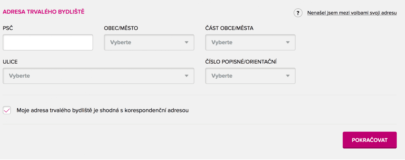 Volba adresy trvalého pobytu.