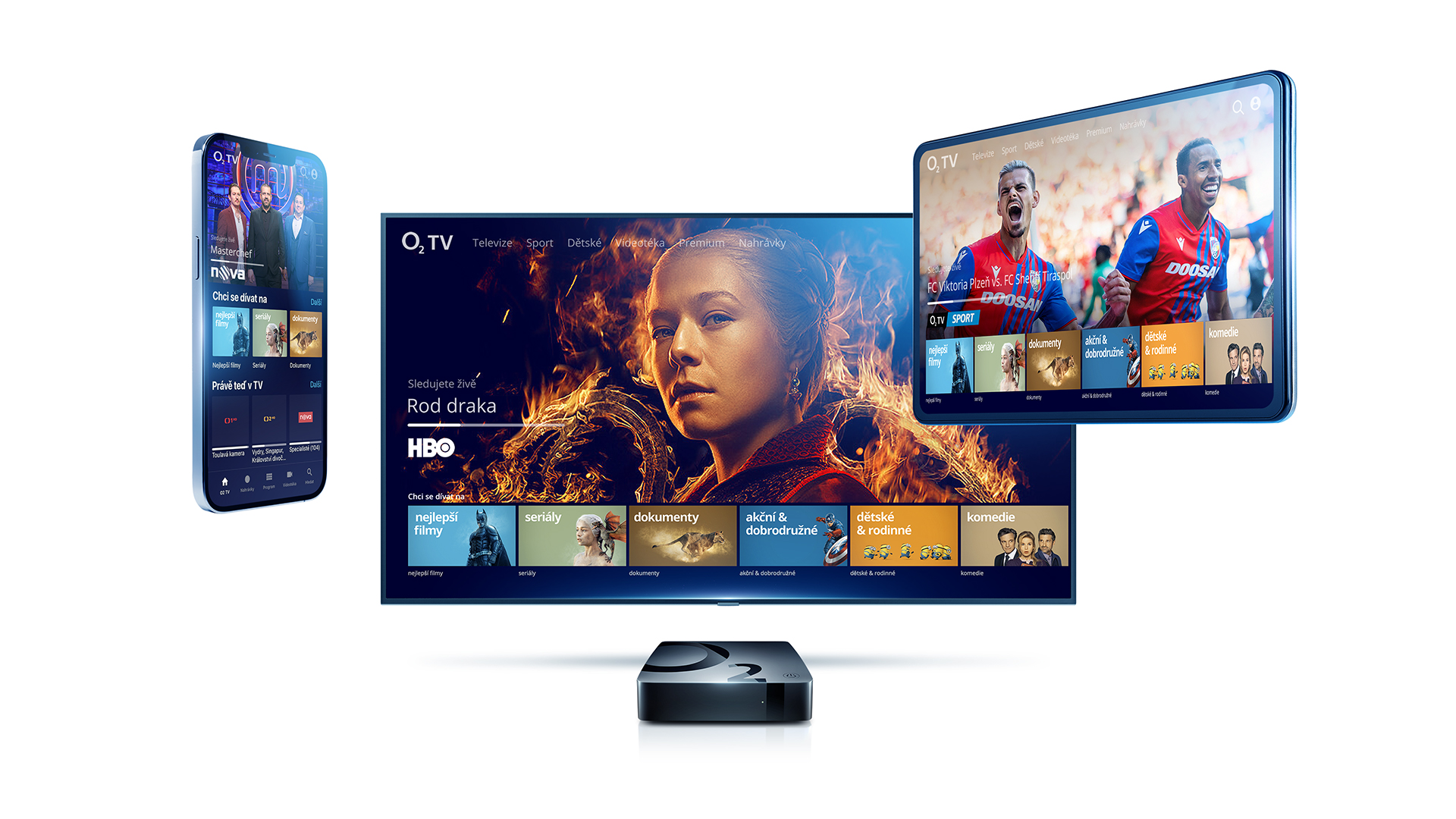 Podoba O2 TV na různých zařízeních: mobilu, tabletu a v televizoru při použití TV boxu od O2.