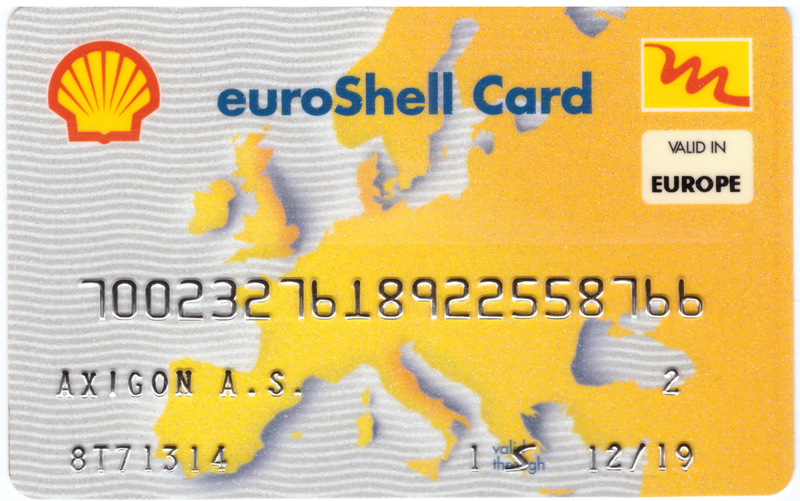Palivová tankovací karta euroShell vydaná pro nákupní alianci Axigon. (12/2015)