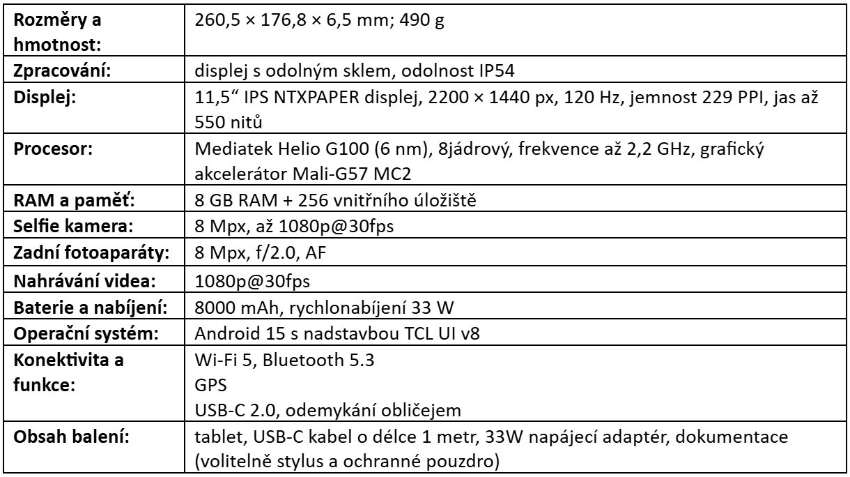 TCL NXTPAPER 11 Plus parametry