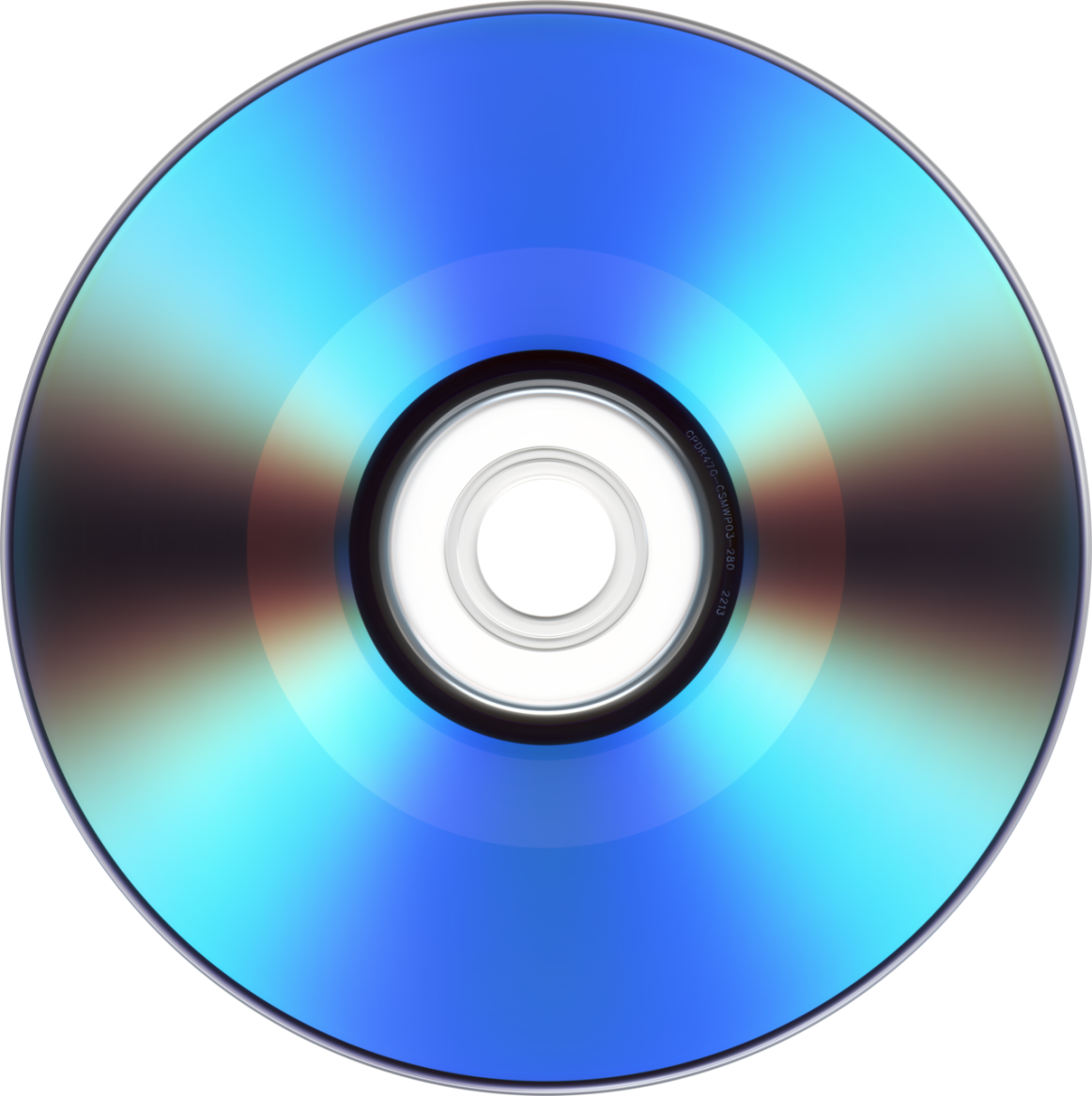 Zapsaný disk DVD+R s modrými a duhovými odlesky a viditelnými kruhy dat.