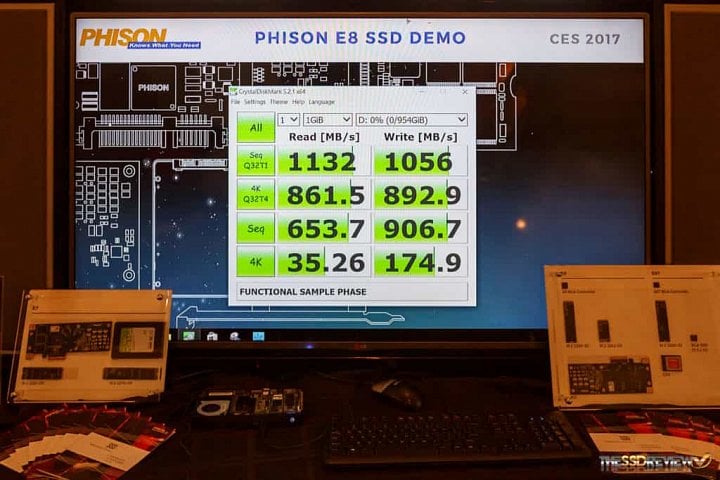 Benchmark SSD s Phisonem E8 na CES 2017 (Zdroj: The SSD Review)