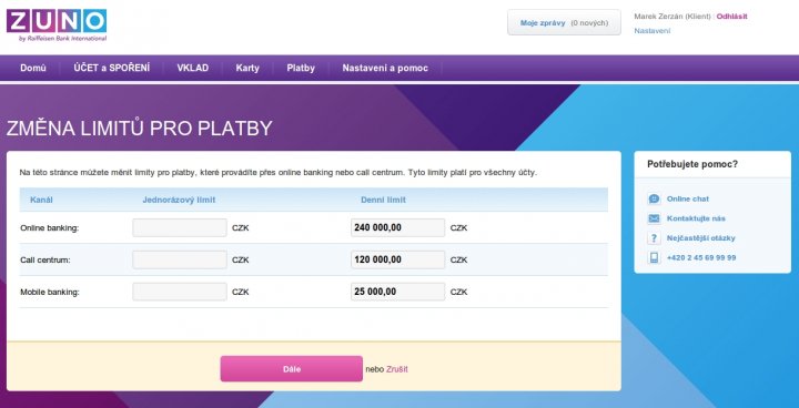 Změna limitů pro platby