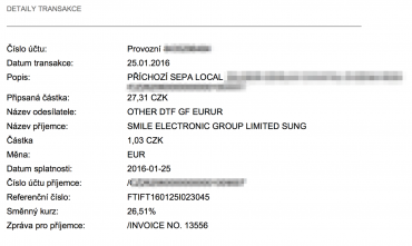 Příklad SEPA platby zaslané do Citibank Europe jako zahraniční platba z České republiky. Odlišný příjemce účtu od zadaného není podstatný, platba se připíše.