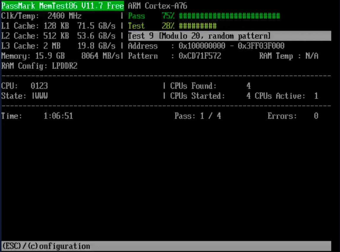Memtest86 na RPi5 obrázek 1