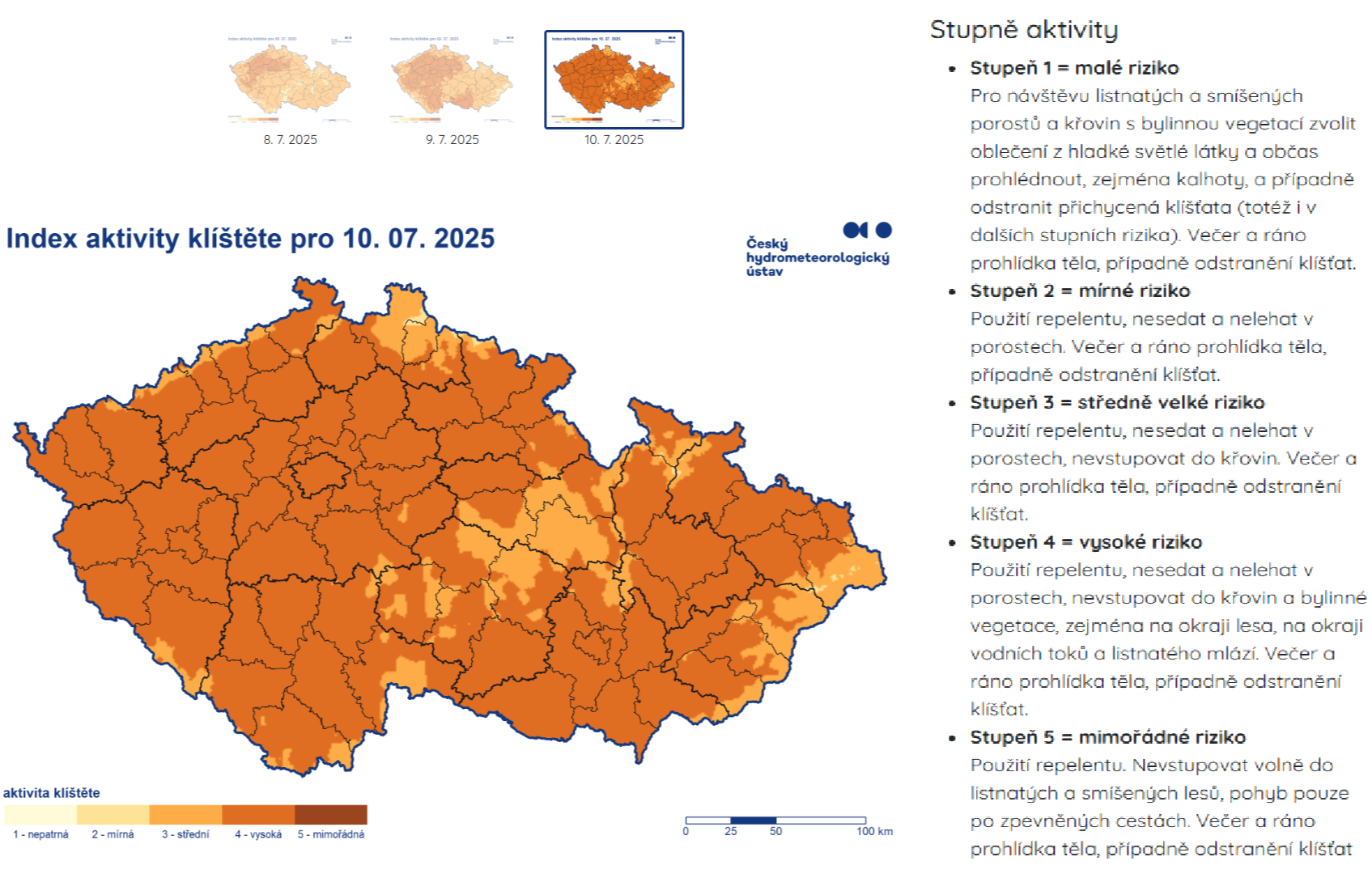 Předpověď aktivity klíšťat na 10. 7. 2025