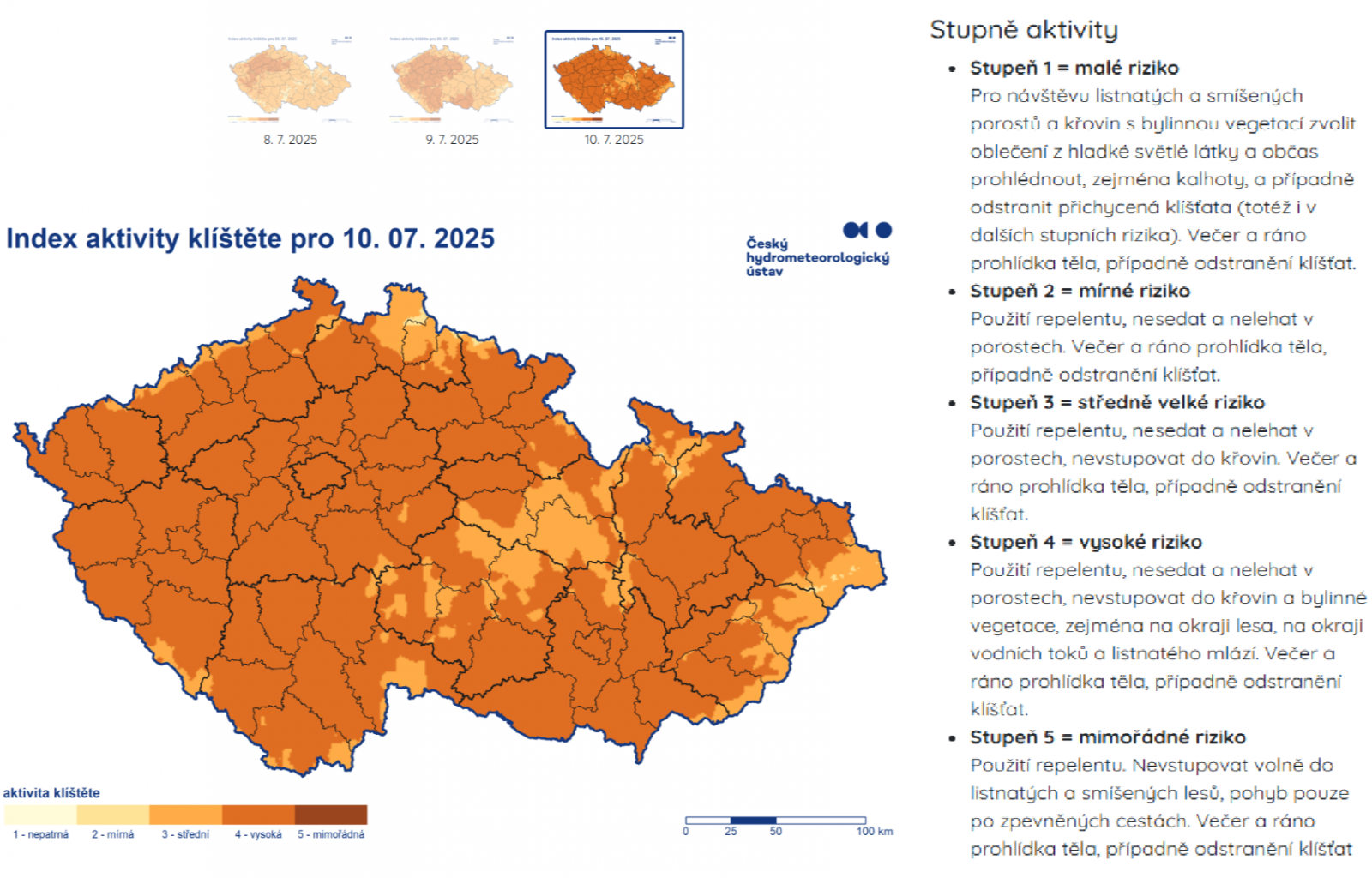 Předpověď aktivity klíšťat na 10. 7. 2025