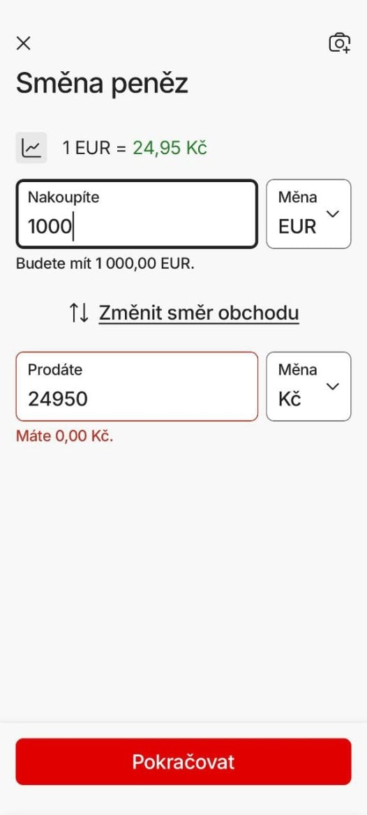 Komerční banka. Služba směnárny v mobilní aplikaci KB+ s nabídkou kurzů. (01. 02. 2026)