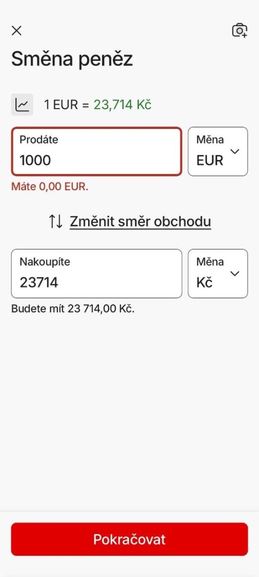 Komerční banka. Služba směnárny v mobilní aplikaci KB+ s nabídkou kurzů. (01. 02. 2026)
