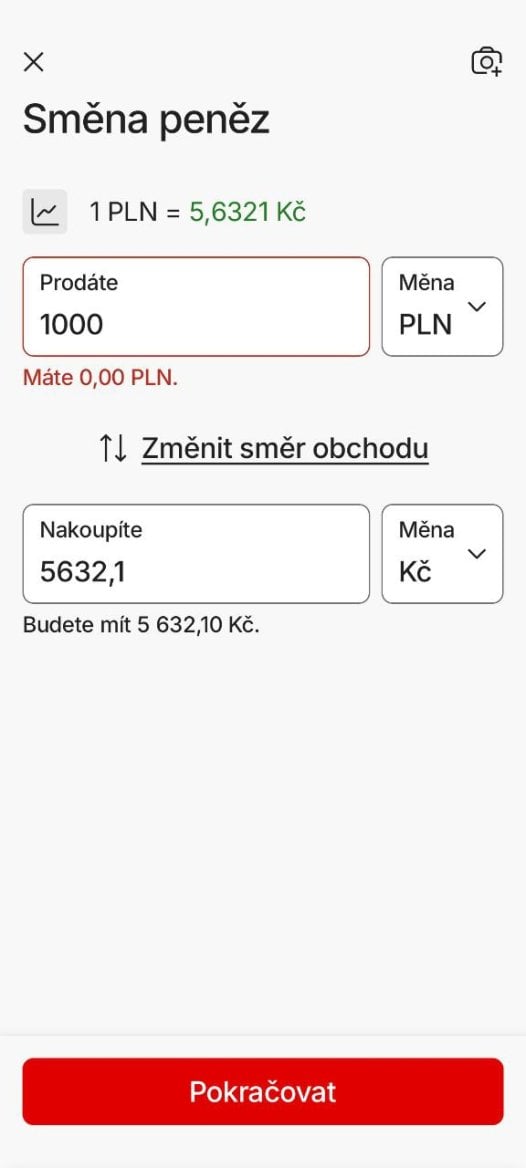 Komerční banka. Služba směnárny v mobilní aplikaci KB+ s nabídkou kurzů. (01. 02. 2026)