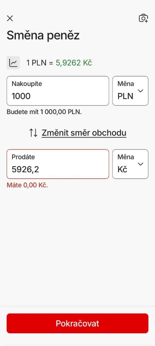Komerční banka. Služba směnárny v mobilní aplikaci KB+ s nabídkou kurzů. (01. 02. 2026)