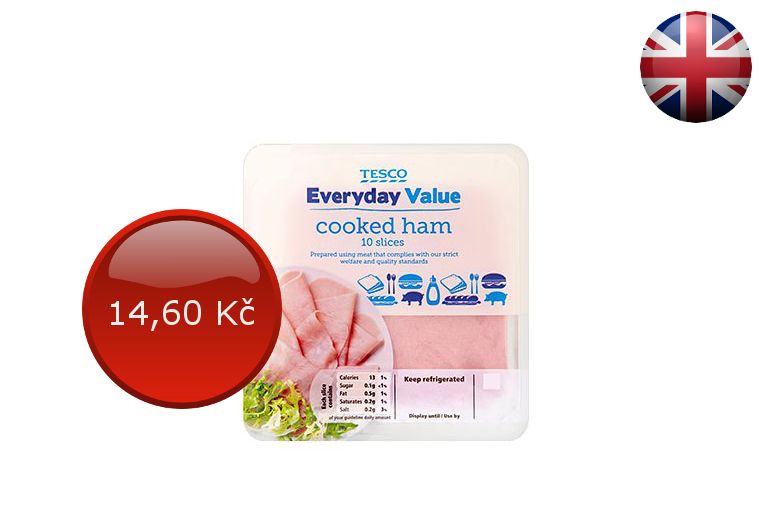 Cena za 100 g vepřové šunky. Šunka Tesco UK 76 % vepřového masa
