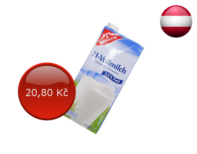 mléko plnotučné, 3,5 % tuku, cena za 1 l
