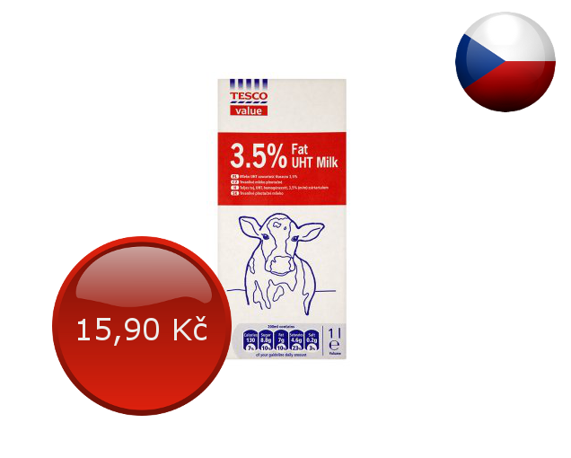 mléko plnotučné, 3,5 % tuku, cena za 1 l