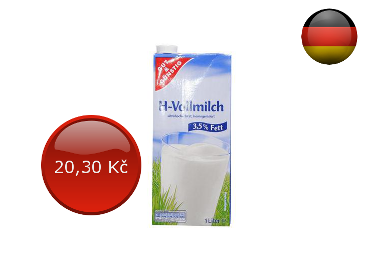 mléko plnotučné, 3,5 % tuku, cena za 1 l