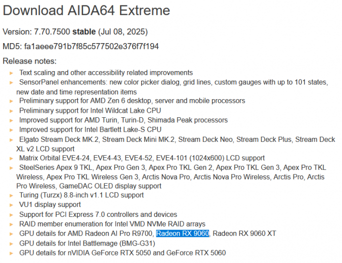 Radeon RX 9060 v seznamu novinek programu AIDA64