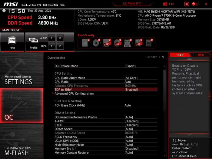 Volba 105W TDP pro Ryzen 9700X a 9600X v BIOSu desky od MSI