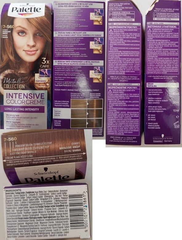 Stanovení nebezpečného výrobku: Schwarzkopf, Palette, INTENSIVE COLOR CREME, Metallic COLLECTION, 7-560 OHNIVÝ BRONZOVĚ HNĚDÝ, EAN: 9000101231861