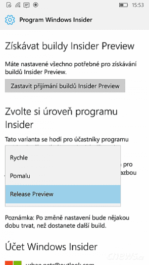 Nastavení programu Windows Insider na telefonu