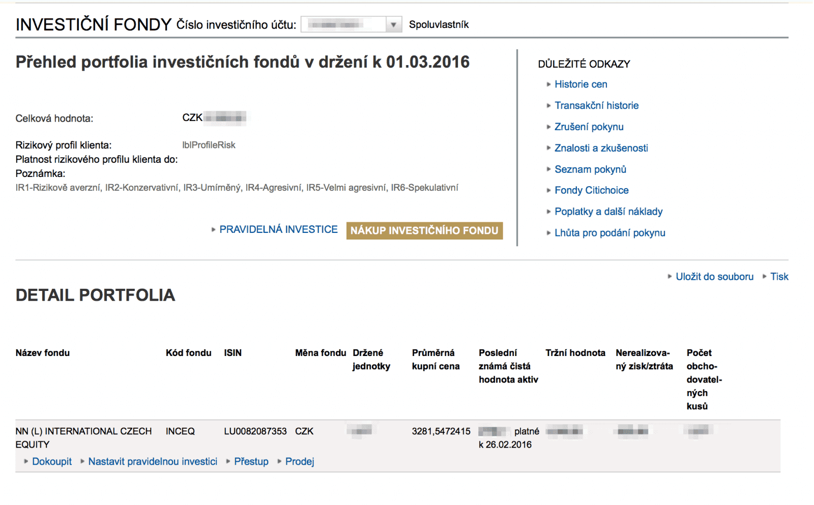 Přehled investičního účtu včetně portfolia.