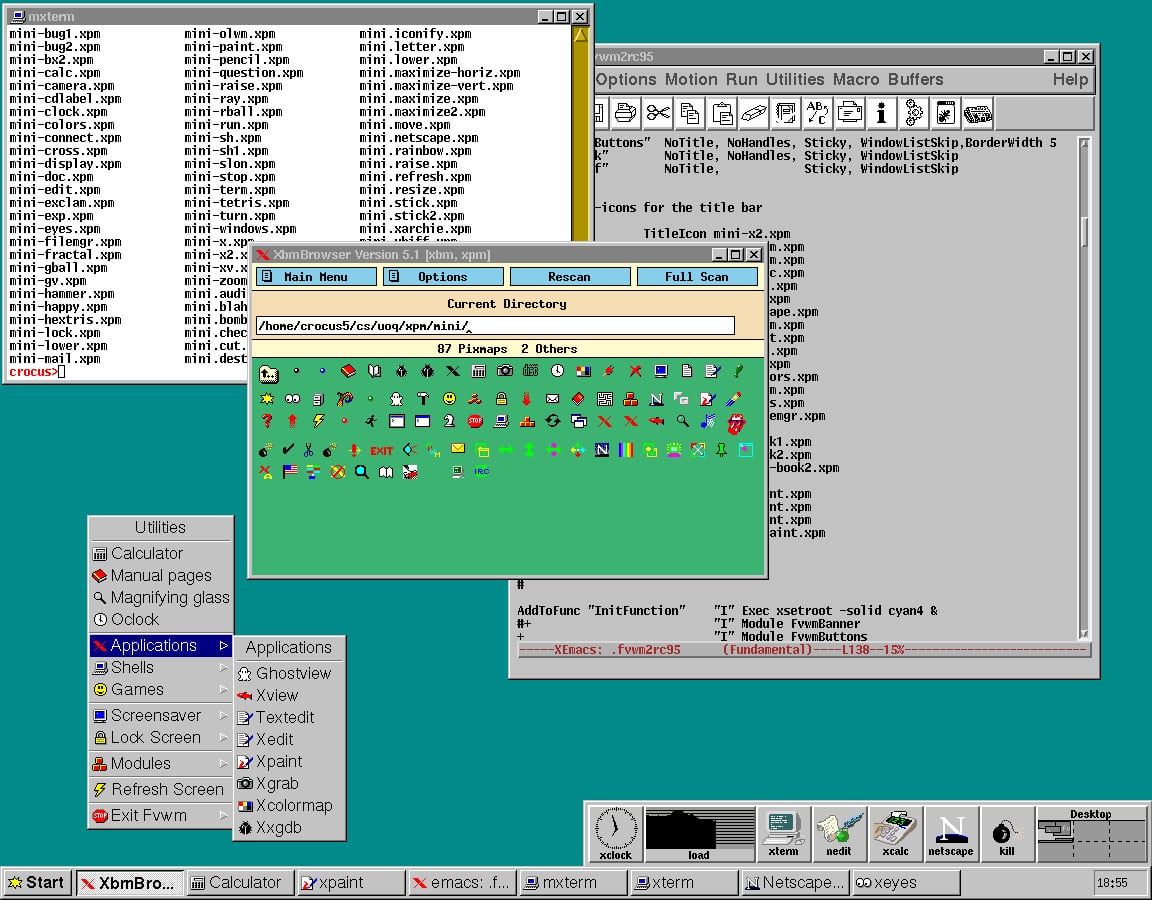 Přesto tu byly snahy Windows na Linuxu napodobit. Kvůli běžným uživatelům, kteří se pak cítili ve známém prostředí lépe. Tohle je prostředí FVWM 95.