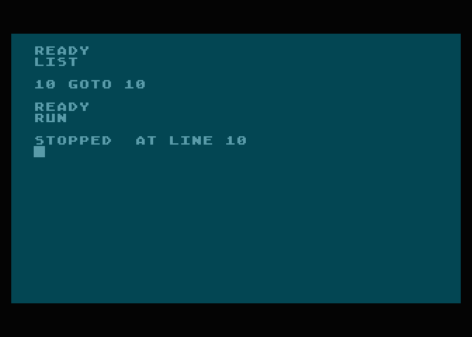 Výsledek stisku klávesy Break u BASICového programu.