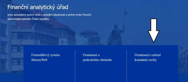 Autor: FAU Úvodní stránka finančního analytického úřadu. Šipka ukazuje na vstup do formuláře.