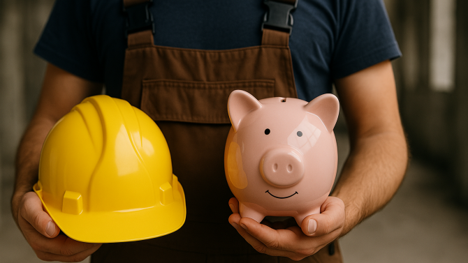 Záběr na dělníka v montérkách držícího helmu a pokladničku (prasátko)