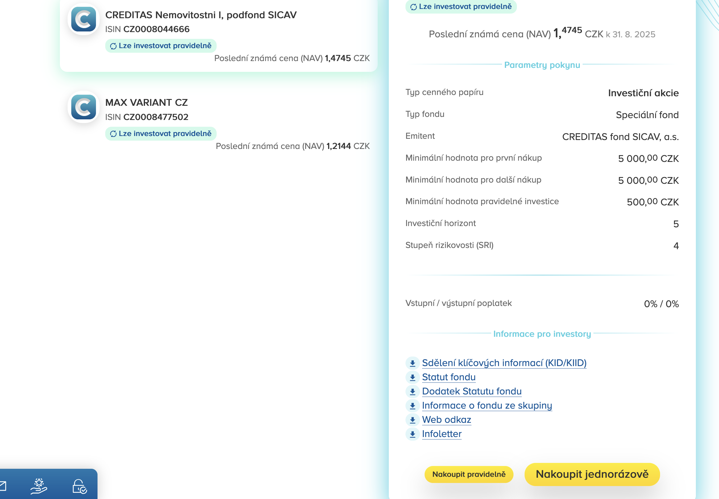Příklad sjednání pravidelného investování po 500 Kč měsíčně. Internetové bankovnictví. Banka CREDITAS. Celý proces zabere cca 5 minut.
