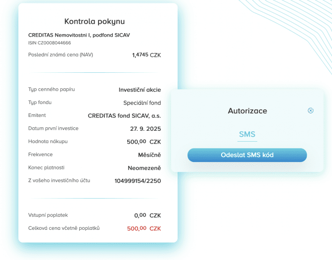 Příklad sjednání pravidelného investování po 500 Kč měsíčně. Internetové bankovnictví. Banka CREDITAS. Celý proces zabere cca 5 minut.