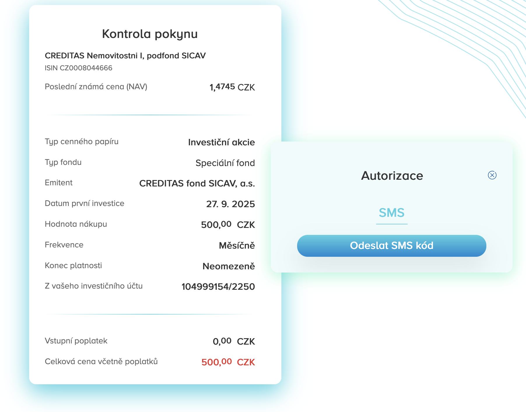 Příklad sjednání pravidelného investování po 500 Kč měsíčně. Internetové bankovnictví. Banka CREDITAS. Celý proces zabere cca 5 minut.