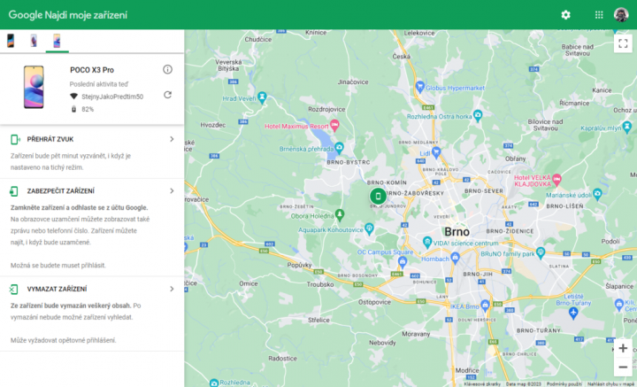 Po úspěšném spojení je možné najít ztracený Android telefon funkcí Najdi moje zařízení