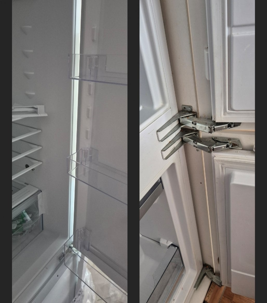 Dva druhy chladniček pantů, vpravo panty pevné, vlevo panty posuvné