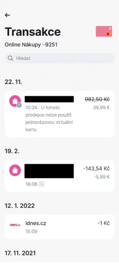 Autor: Dalibor Z. Chvátal Trasakční historie jednorázové virtuální karty Revolut s proměnným CVV kódem. U některých obchodníků s takovou kartou ale nelze zaplatit. (11/2023)