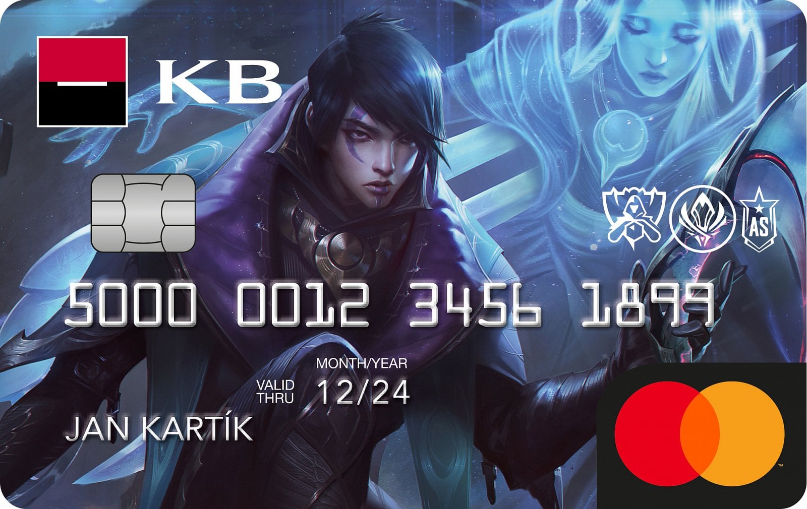 Debetní nebo kreditní karta Komerční banky speciální edice s obrázkem sochy Aphelios z online hry League of Legends. Aphelios je temný střelec, jehož arzenál nezná hranic. (09/2021)