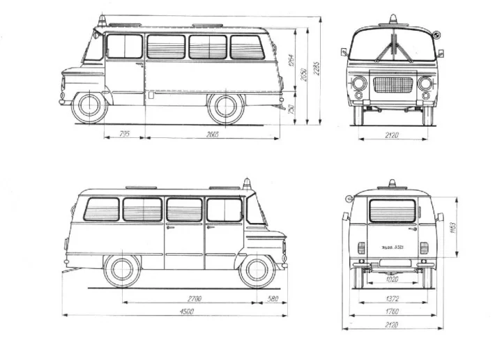 Rozměrový náčrtek byl doplňkem továrního prospektu ambulance. Nysa byla o pouhých 20 milimetrů kratší než naše Škoda 1203