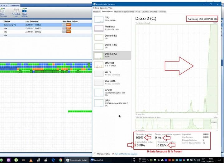 Projev chyby ve Správci úloh: disk ukazuje 100% zaneprázdnění, ale neprobíhá žádný přenos dat (Zdroj: Uživatel Oguignant, fórum Samsungu)