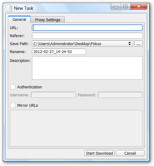 Dialog pro HTTP/FTP stahování.